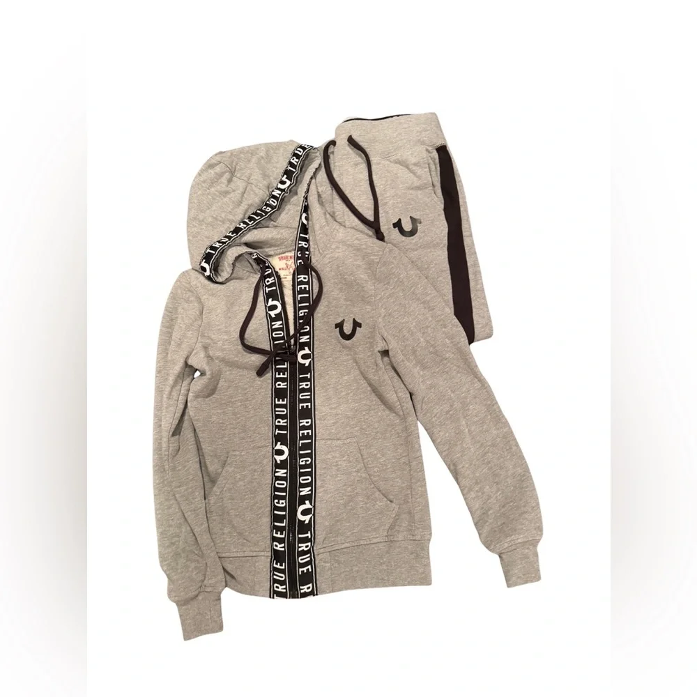 True Religion Heather Gray Hoodie and Jogger Tracksuit with Logo Accents XS - Picture 1 of 8